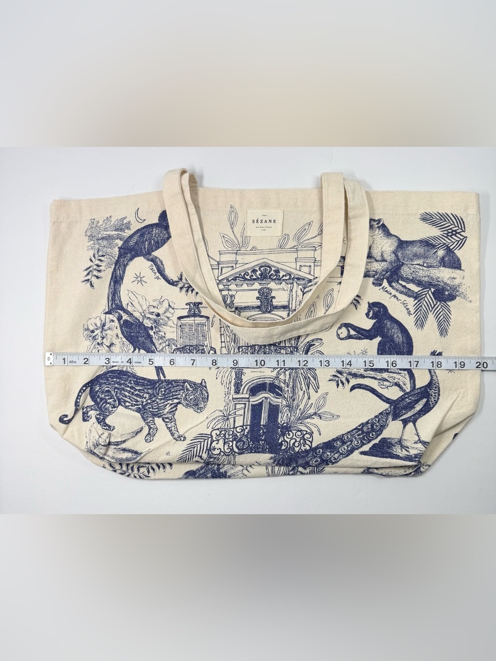 Sezane Maia Bunge Tote Blue Jungle Paradiso Print canvas tote bag. - Picture 1 of 9